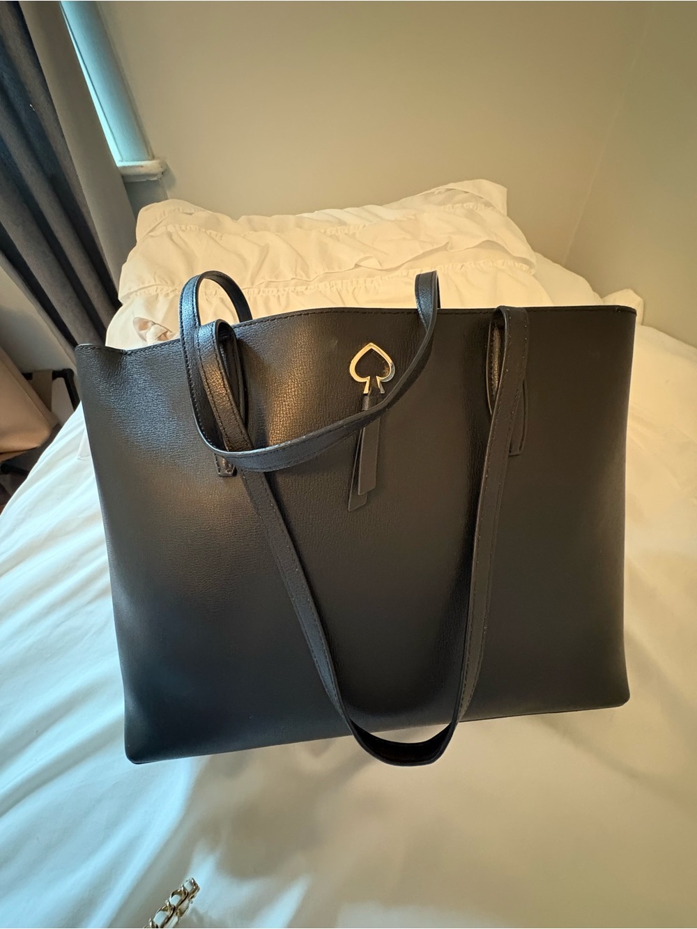 kate spade Black Leather Tote with Gold Spade Accent 14”x5”x10”